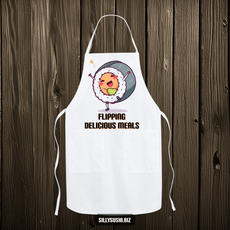Funny Sushi Roll Apron: A chef apron featuring a sushi roll character cartwheeling with a wink. Makes cooking fun, a funny gift.