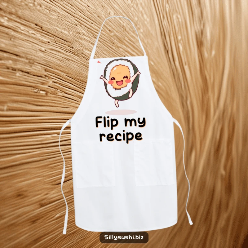 Funny Cartwheel Sushi Apron showing a sushi character doing a cartwheel. Adds energy and humor to kitchen wear.