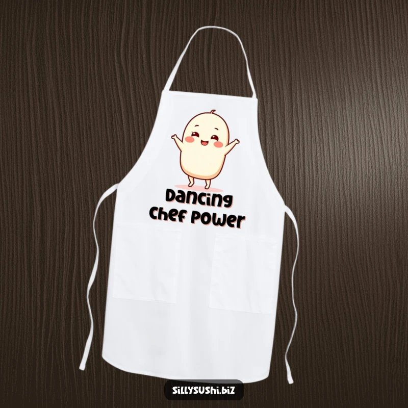 Funny Nigiri Dance Apron depicting a happy sushi character performing a comical dance while cooking. A humorous kitchen essential.