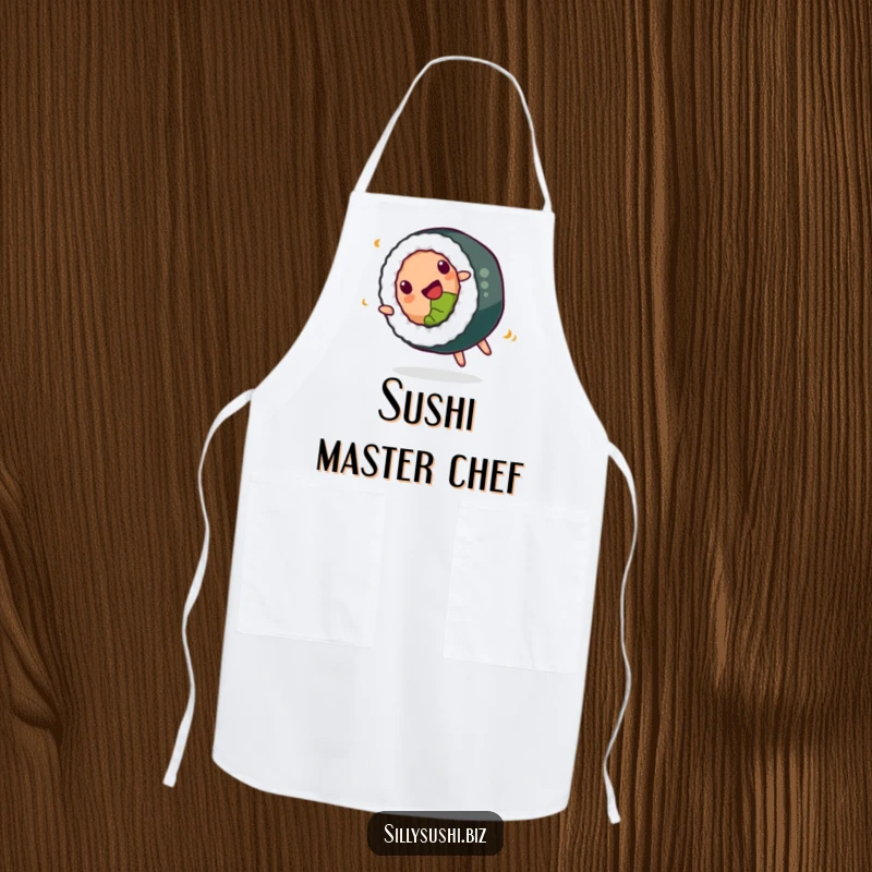 Funny Apron showcasing a happy sushi roll doing a playful somersault while cooking, adding delicious fun to the kitchen.