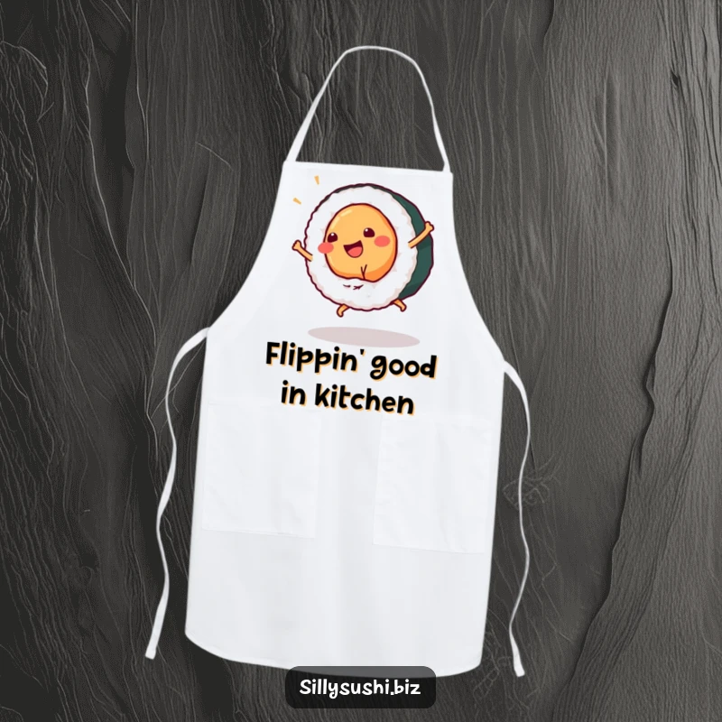Funny sushi piece cartwheeling on a chef apron, bringing playful energy to cooking. Ideal funny gift for kitchen.