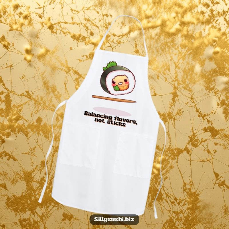 Funny sushi roll balancing on a chopstick on a chef apron, adding humor to kitchen duties. Ideal funny gift.