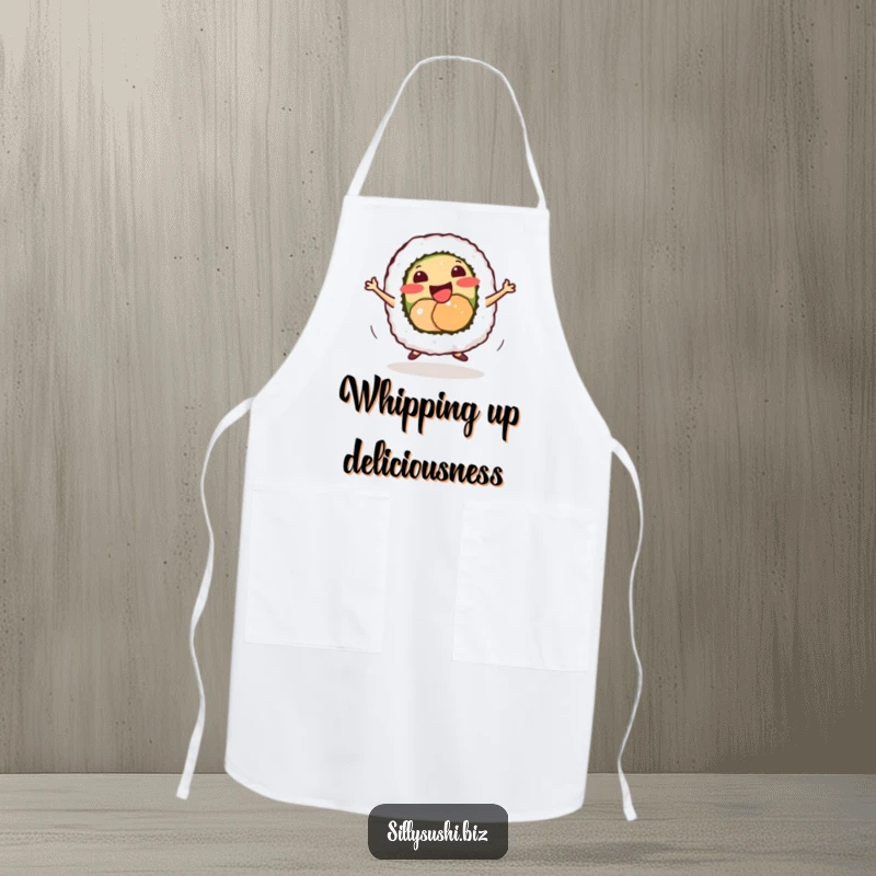 Funny smiling sushi roll doing a tiny energetic dance, on a practical and fun apron.