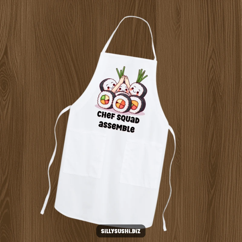 Funny Sushi High Five Apron showcasing sushi rolls celebrating with seaweed and a high five. Humorous kitchen wear.