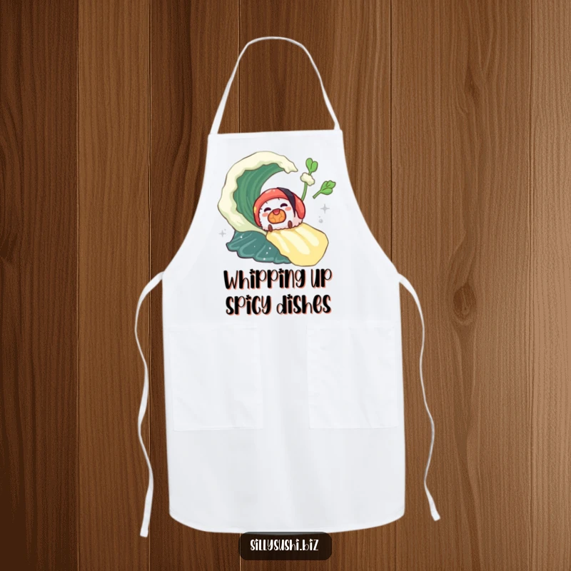 Funny sushi piece riding a wasabi wave on a chef apron, adding a spicy thrill to cooking. Ideal funny gift.