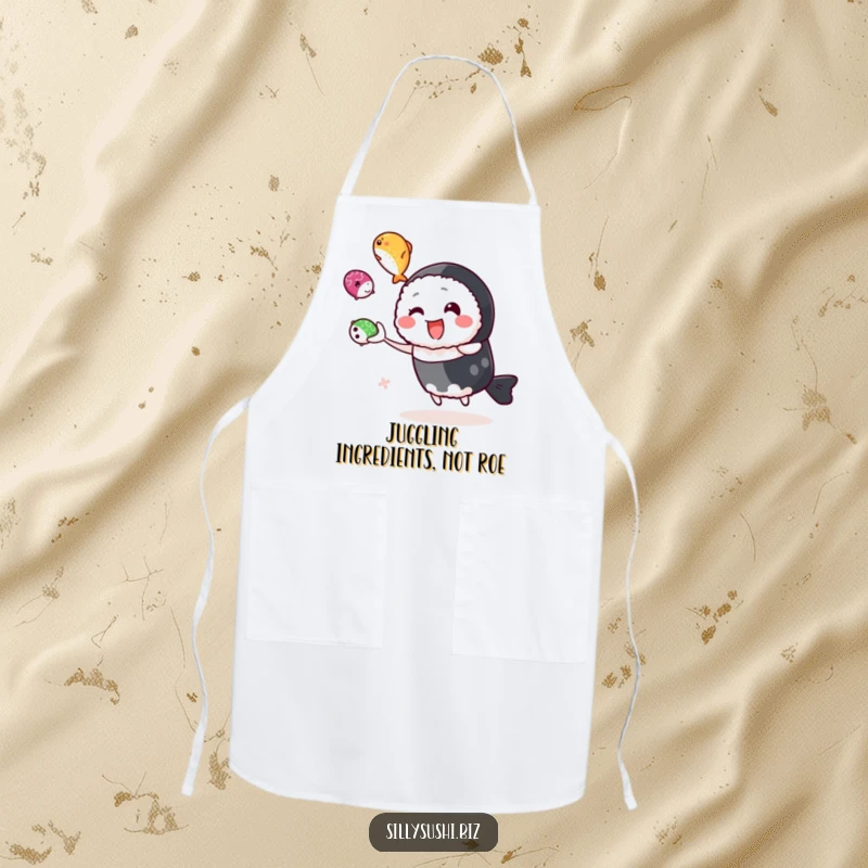 Funny sushi character juggling roe on a chef apron, adding playful skill to kitchen duties. Ideal funny gift.