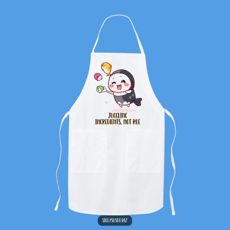 Funny Juggling Sushi Apron, Chef Roe Character Apron, Hilarious Kitchen Gift