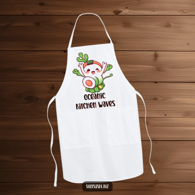 Funny Seaweed Sushi Apron: A protective apron with a happy seaweed sushi character waving. Great for cooking and as a funny gift.