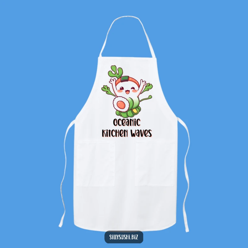 Funny Seaweed Sushi Apron: Waving Chef Character, Hilarious Kitchen Gift