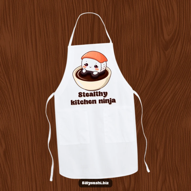 Funny Shy Sushi Apron illustrating a cute sushi piece cautiously peeking from a soy sauce dish. Ideal for a shy cook.