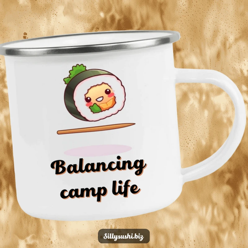Funny sushi roll balancing on a chopstick on a durable camping mug, perfect for outdoor enthusiasts. Great funny gift.