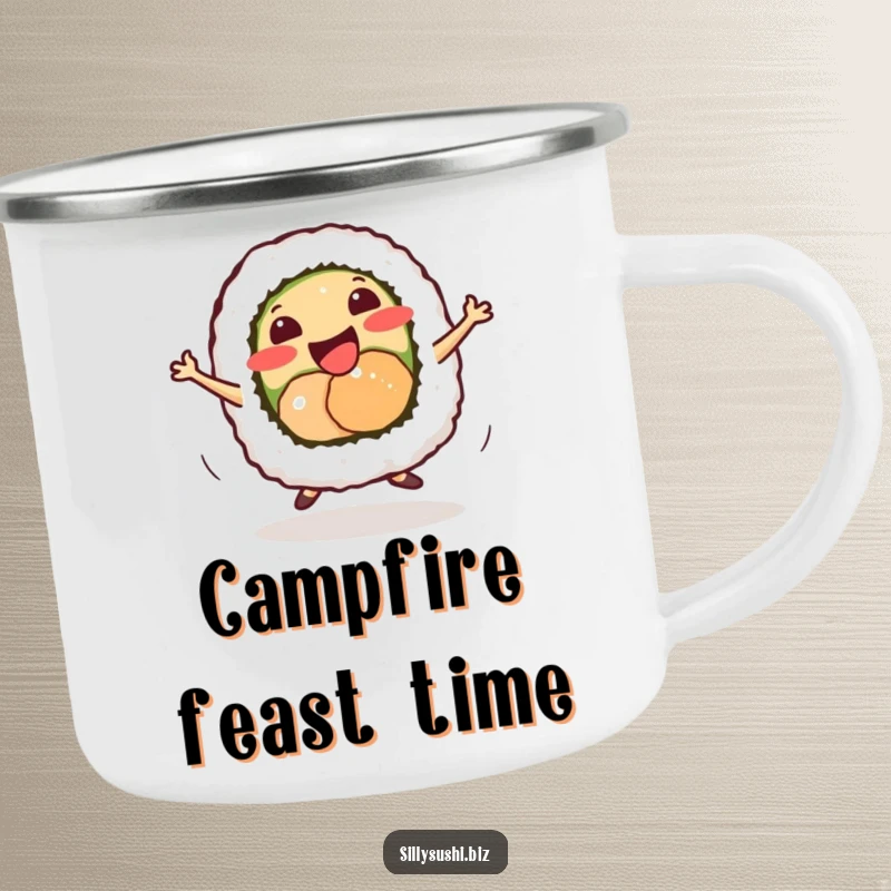 Funny smiling sushi roll character doing a tiny energetic dance, on a sturdy metal camping mug.