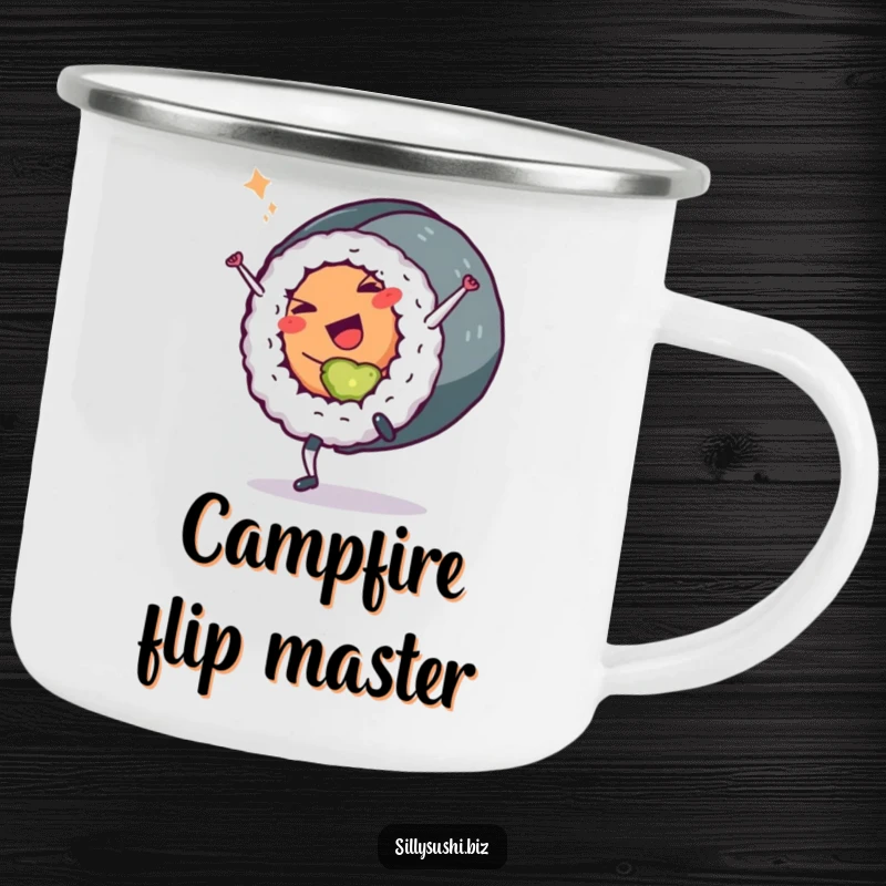 Funny Sushi Roll Camping Mug: A durable mug featuring a sushi roll character cartwheeling with a wink. Ideal for outdoor fun, a funny gift.