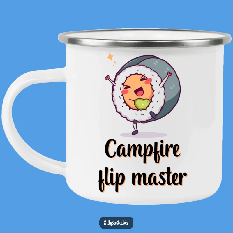 Funny Sushi Roll Camping Mug: Cartwheeling Character for Outdoor Merriment