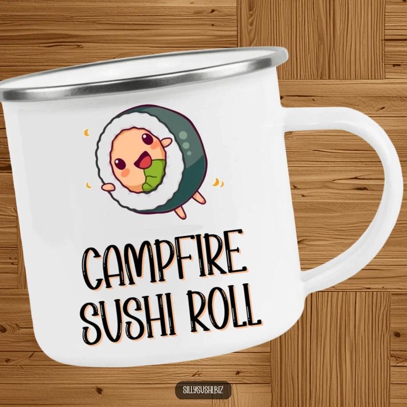 Funny Camping Mug featuring a happy sushi roll doing a playful somersault, perfect for outdoor moments and delicious fun.
