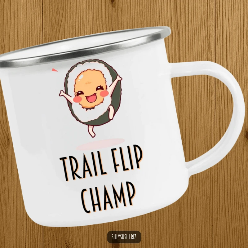 Funny Cartwheel Sushi Camping Mug with a sushi character mid-cartwheel. Durable and humorous for outdoor enthusiasts.