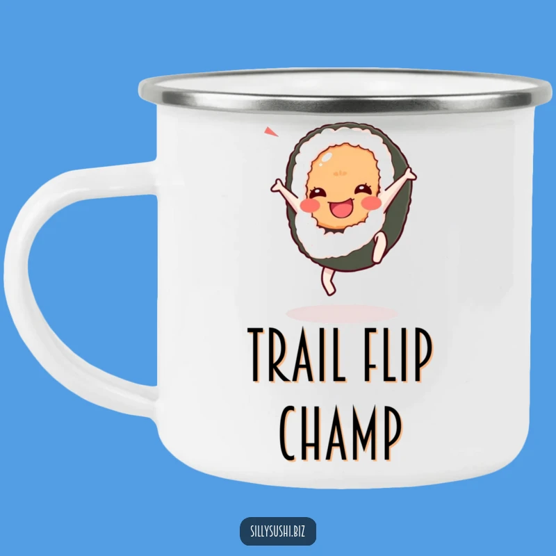 Funny Cartwheel Sushi Camping Mug: Energetic Companion for Adventures, Great Gift