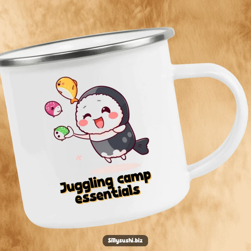 Funny sushi character juggling roe on a durable camping mug, perfect for outdoor enthusiasts. Great funny gift.