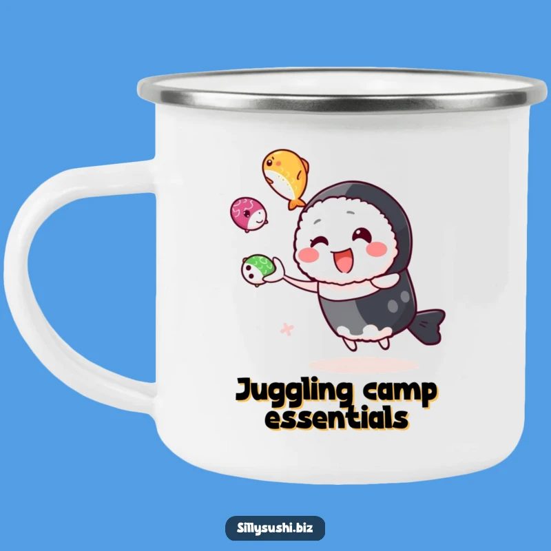 Funny Juggling Sushi Camping Mug, Durable Roe Character Cup, Hilarious Outdoor Gift