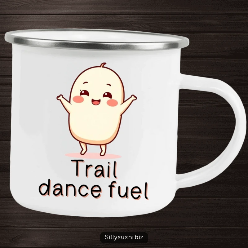 Funny Nigiri Dance Camping Mug featuring a smiling sushi character doing a lively jig, ready for outdoor adventures. A durable, humorous mug.