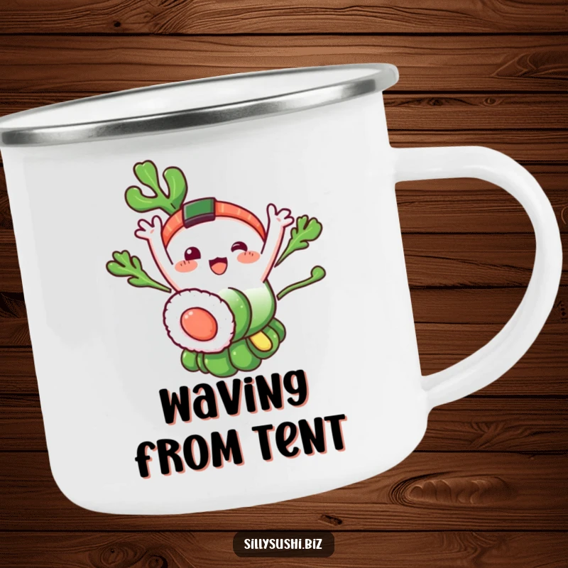 Funny Seaweed Sushi Camping Mug: A durable mug with a happy seaweed sushi character waving. Ideal for camping and as a funny gift.