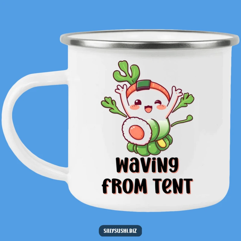 Funny Seaweed Sushi Camping Mug: Waving Character for Outdoor Merriment