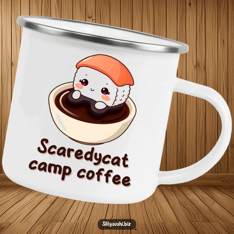 Funny Shy Sushi Camping Mug with a cute sushi piece shyly peeking from a soy sauce dish. Ideal for quiet campers.