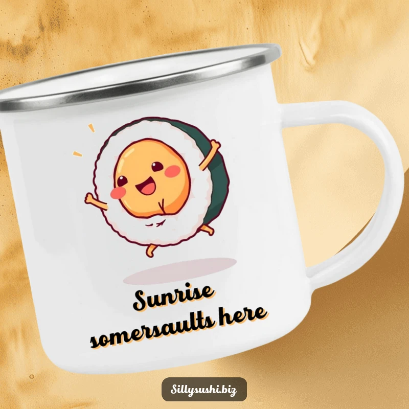 Funny sushi piece doing a cartwheel on a sturdy camping mug, perfect for outdoor enthusiasts. Great funny gift.