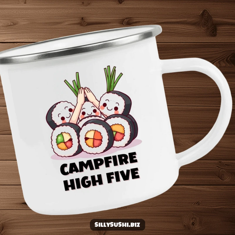 Funny Sushi High Five Camping Mug showing sushi rolls celebrating with seaweed and high fives. Durable and humorous for outdoors.