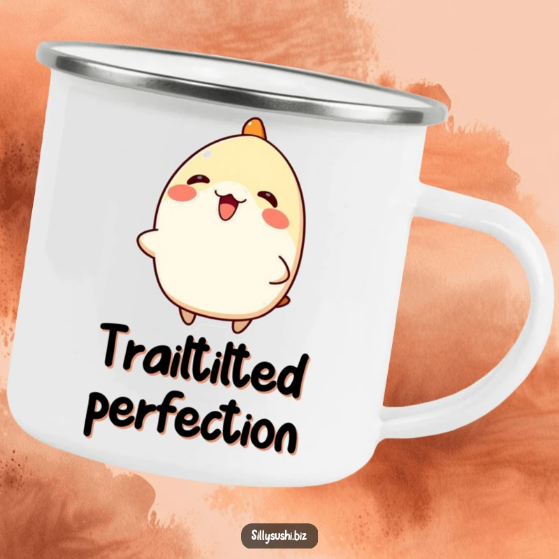 Funny Nigiri Sushi Camping Mug: A durable mug with a happy, tilted nigiri sushi character, ideal for outdoor fun and gifting. Hilarious.