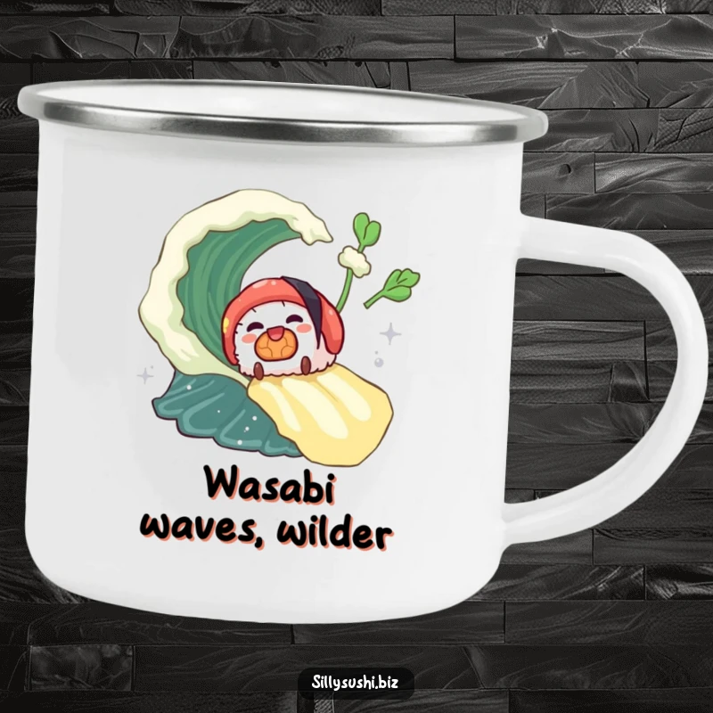 Funny sushi piece riding a wasabi wave on a durable camping mug, perfect for bold adventurers. Great funny gift.