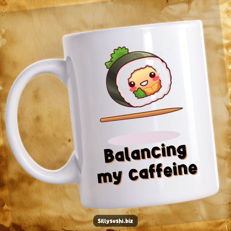 Funny sushi roll precariously balancing on a single chopstick on a mug. Humorous food challenge.