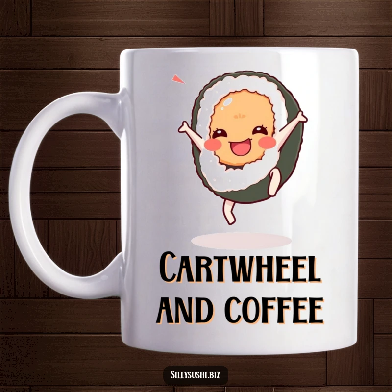 Funny Cartwheel Sushi Mug featuring a happy sushi character energetically performing a cartwheel. A joyful and humorous mug.