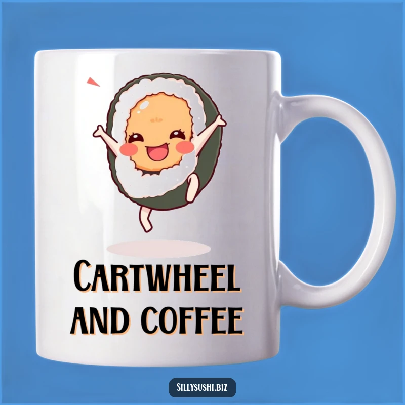 Funny Cartwheel Sushi Mug: Energetic Character, a Hilarious and Fun Gift