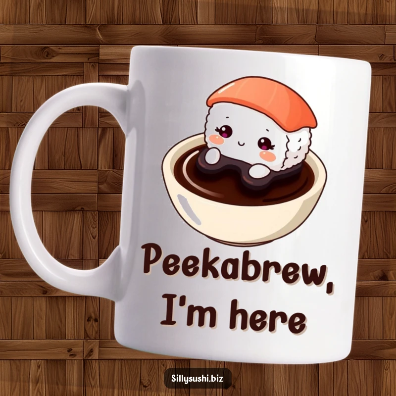 Funny Shy Sushi Mug featuring a cute sushi piece nervously peeking out from a soy sauce dish, embodying shyness.