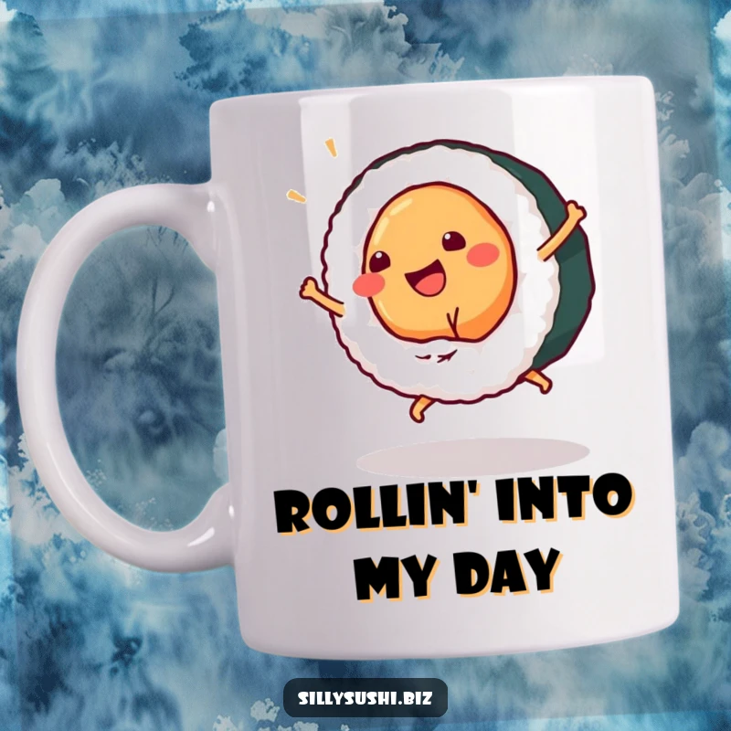 Funny sushi piece doing a happy cartwheel on a mug, showcasing energetic and playful foodie humor. Perfect for gift.