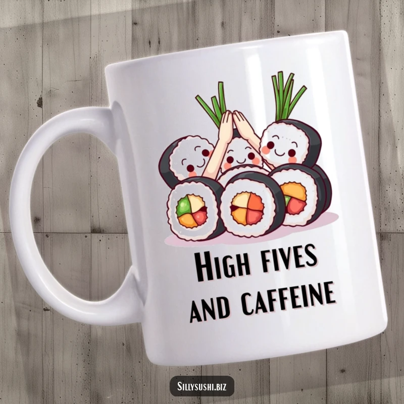 Funny Sushi High Five Mug showing a group of sushi rolls high-fiving with seaweed, symbolizing teamwork and celebration.