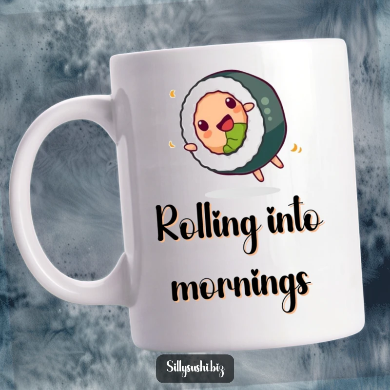 Funny Mug featuring a happy sushi roll performing a playful somersault, radiating pure, delicious joy and fun.