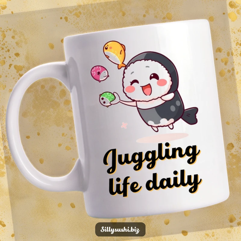 Funny happy sushi character skillfully juggling three colorful roe balls on a mug. Humorous food art.
