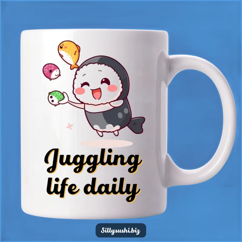 Funny Juggling Sushi Mug, Happy Roe Character Gift for Sushi Lovers Who Appreciate Fun
