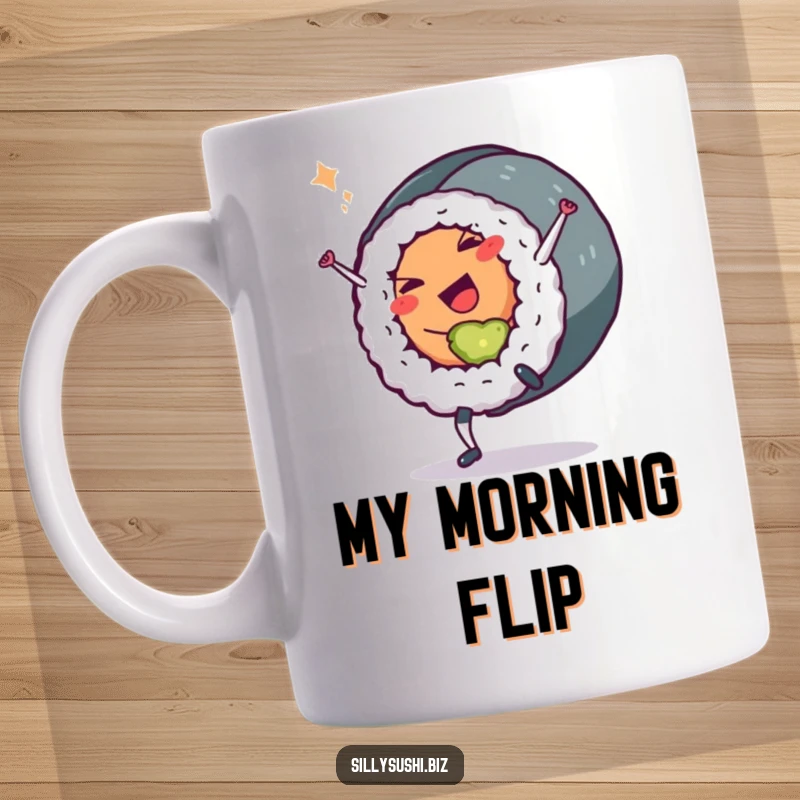 Funny Sushi Roll Mug: A sushi roll character doing a cartwheel with a wink. A humorous and fun gift.