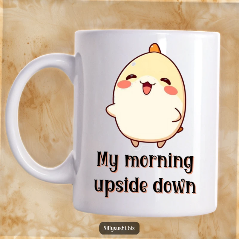 Funny Nigiri Sushi Mug: A cheerful, tilted nigiri character brimming with joy, perfect for morning laughs. A delightful gift for sushi enthusiasts.