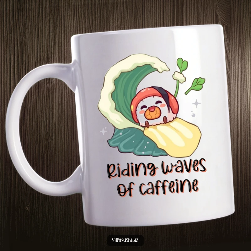 Funny sushi piece gleefully sliding down a vibrant green wasabi wave on a mug. Hilarious food action.