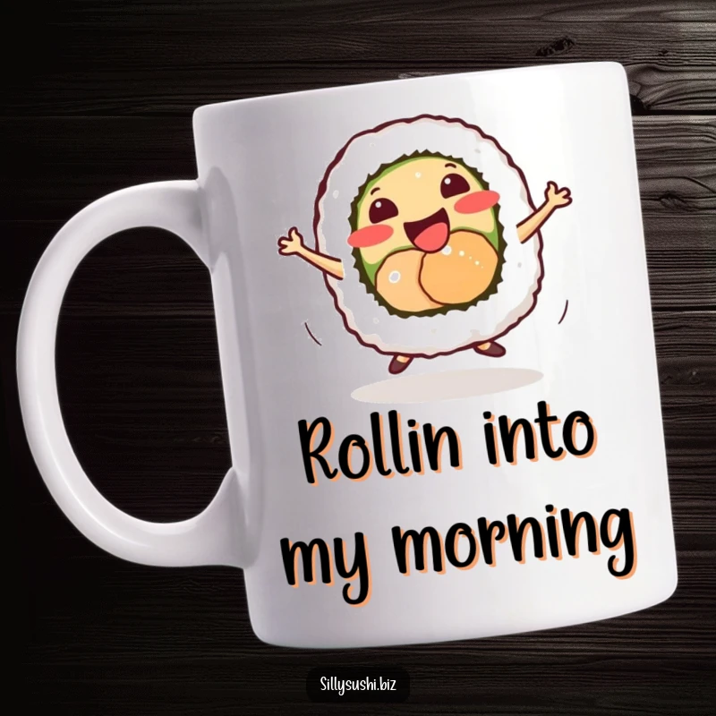 Funny smiling sushi roll character doing a tiny energetic dance, on a humorous coffee mug.