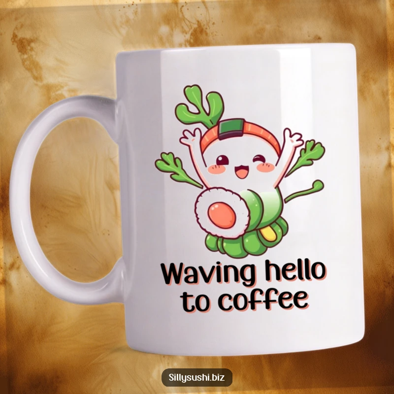 Funny Seaweed Sushi Mug: A cheerful sushi roll made of seaweed and segments, happily waving. A delightful funny gift.