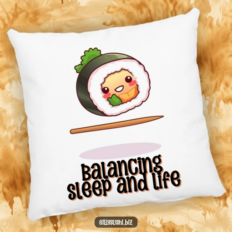Funny sushi roll balancing on a chopstick on a soft pillow, offering comfort and visual amusement. Perfect gift.