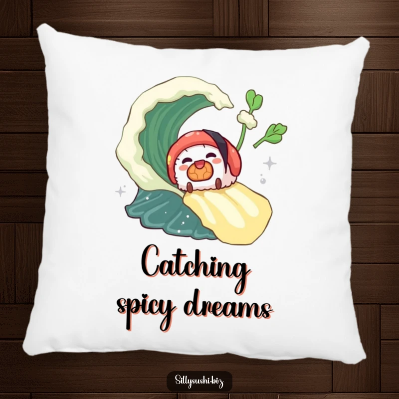 Funny sushi piece sliding down a wasabi wave on a soft pillow, offering comfort and spicy visual delight. Perfect gift.