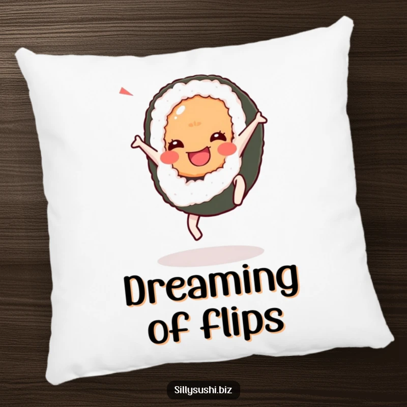 Funny Cartwheel Sushi Pillow featuring a sushi character performing a cartwheel. Offers comfort and a touch of playful energy.
