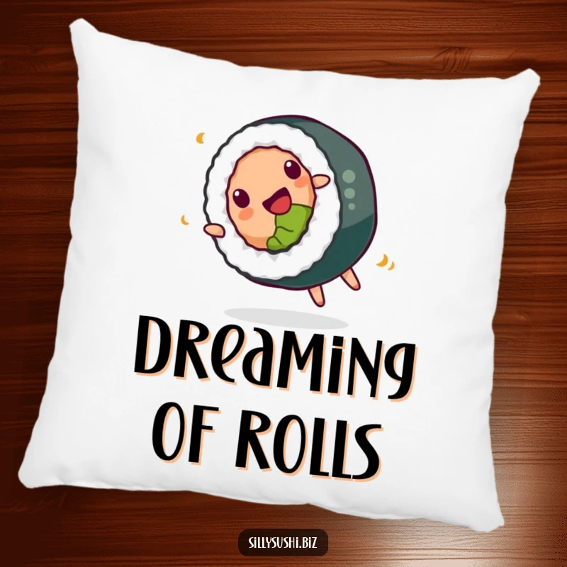 Funny Pillow featuring a happy sushi roll doing a playful somersault, offering plush comfort and a delicious visual.