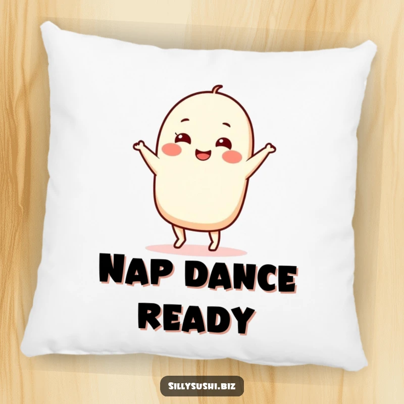 Funny Nigiri Dance Pillow featuring a smiling sushi character enthusiastically dancing, offering comfort and a dash of silliness. A great gift.